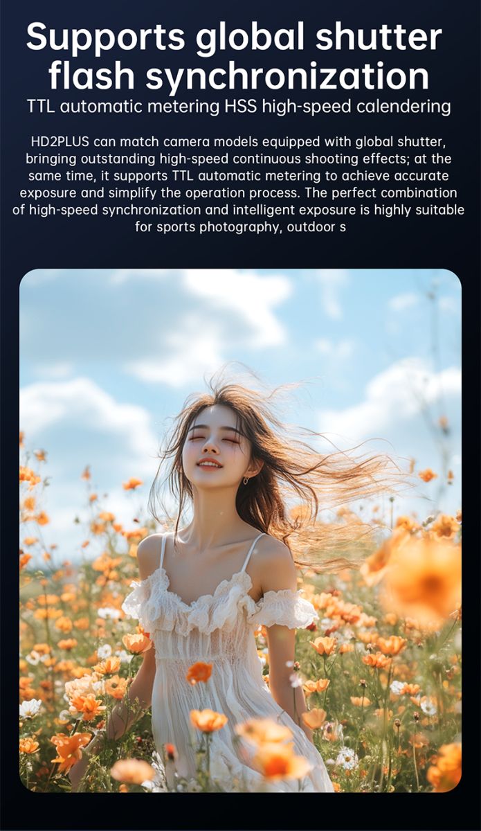 Jinbei HD-2 Plus global shutter flash synchronization feature graphic with outdoor portrait image, describing TTL automatic metering, HSS high-speed synchronization, accurate exposure, and suitability for sports and outdoor photography.