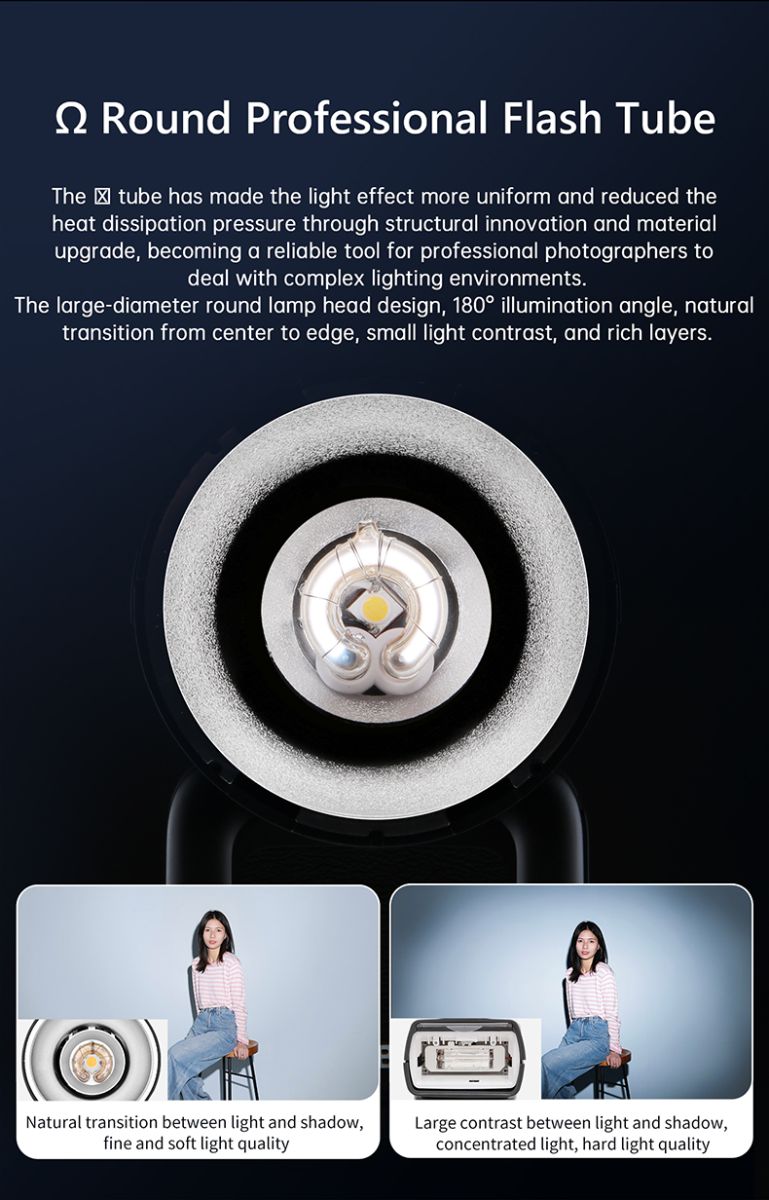 Jinbei HD-2 Plus round professional flash tube graphic showing the large round flash head and comparison images demonstrating soft, natural light quality versus harder concentrated light from a rectangular flash tube.