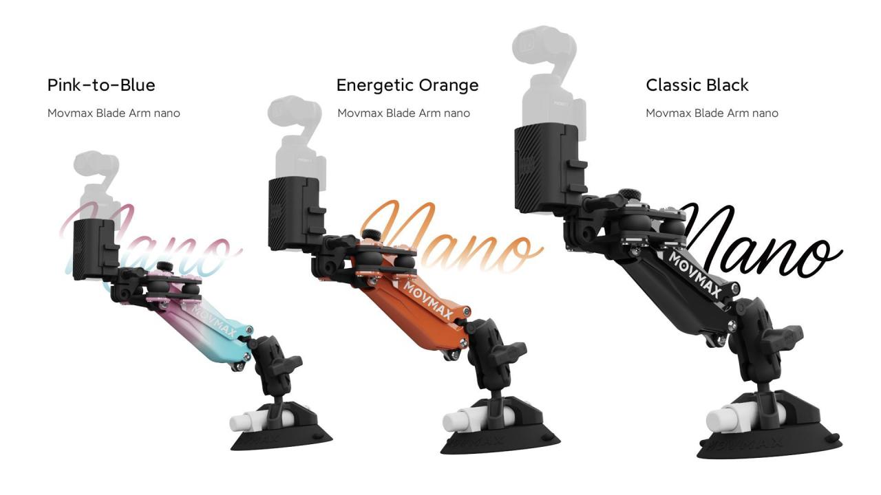 MOVMAX Blade Arm Nano shown in three colour options: Pink-to-Blue, Energetic Orange and Classic Black.