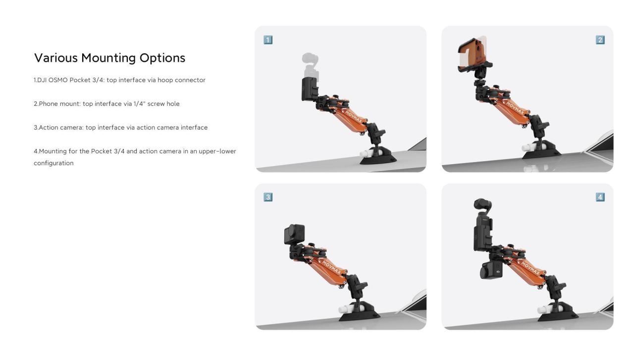 MOVMAX Blade Arm Nano mounting options for DJI Osmo Pocket, phone mounts, action cameras and dual camera configurations.