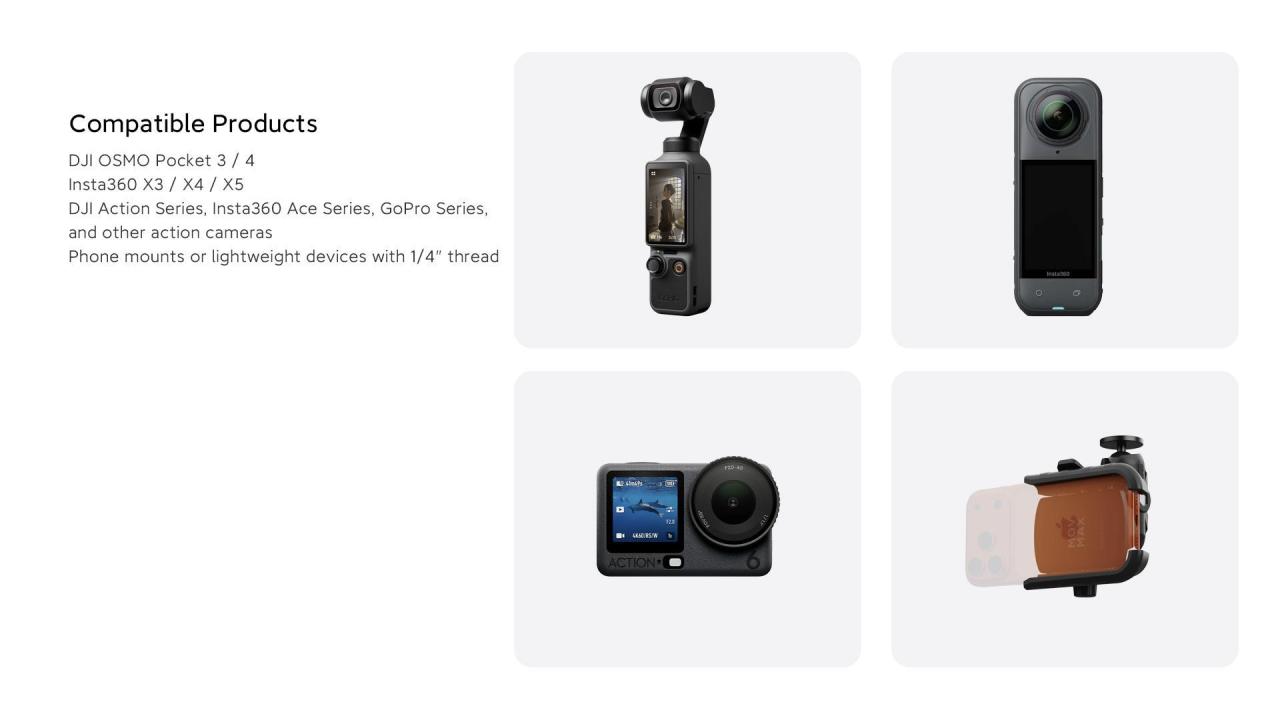 MOVMAX Blade Arm Nano compatible products including DJI Osmo Pocket, Insta360, DJI Action, GoPro and lightweight 1/4 inch thread devices.