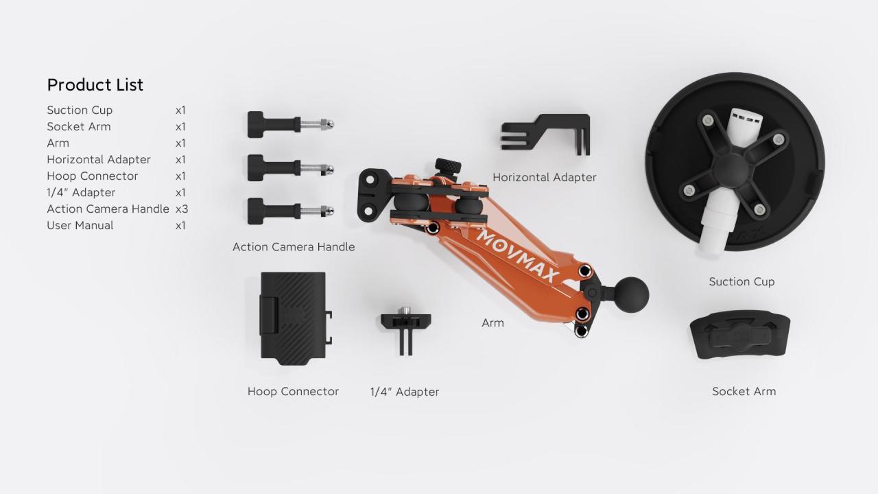 MOVMAX Blade Arm Nano kit contents including suction cup, socket arm, Blade Arm Nano, horizontal adapter, hoop connector, 1/4 inch adapter and action camera handles.
