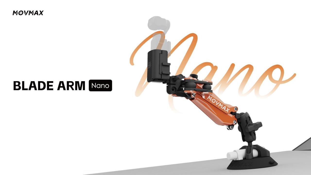 MOVMAX Blade Arm Nano shock-absorbing camera mount shown on a suction cup vehicle rig with compact action camera mounting setup.