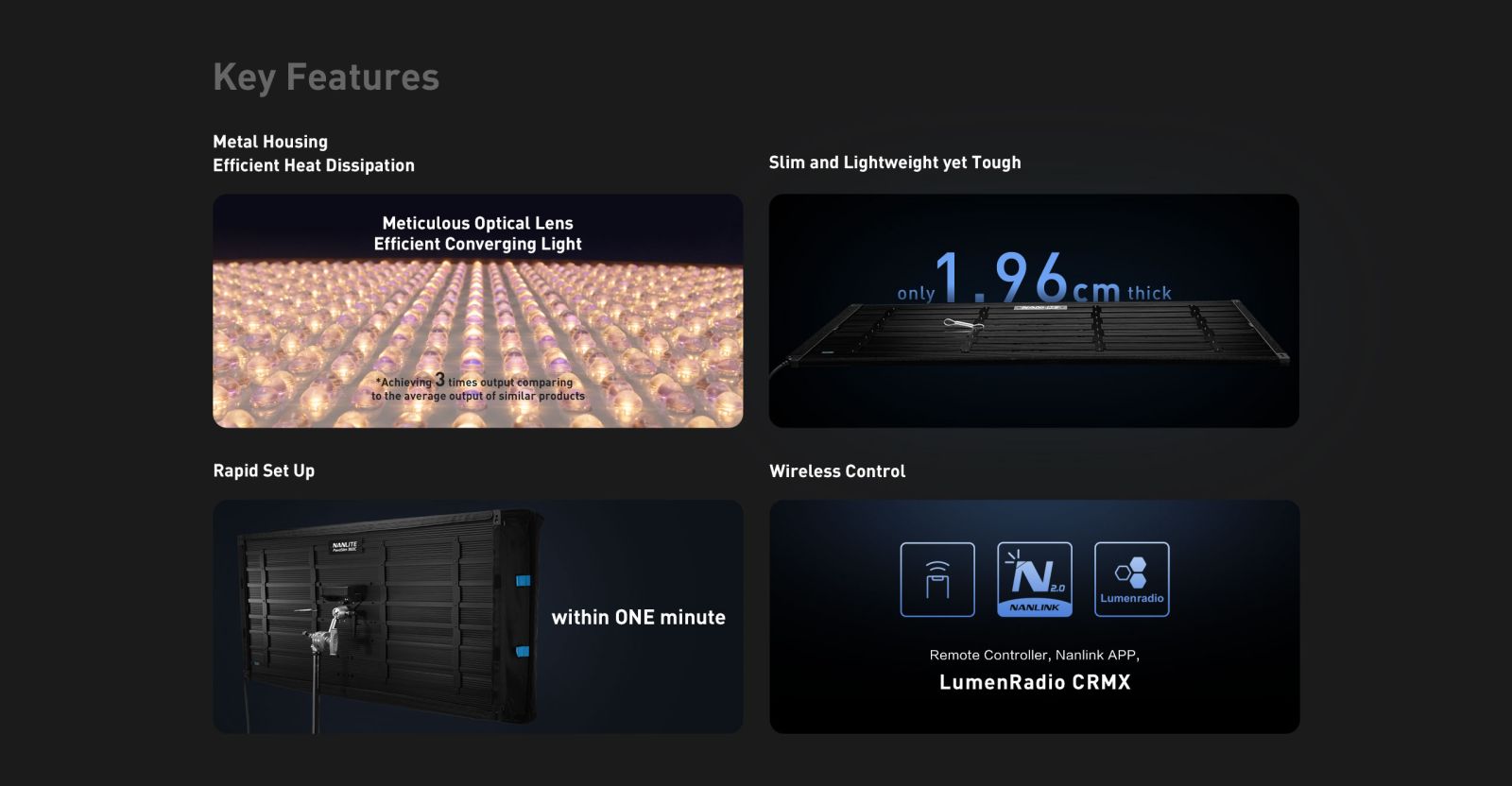 Key Features: Metal Housing, Efficient Heat Dissipation, Slim and Lightweight yet Tough, Rapid Set Up,  Wireless Control.