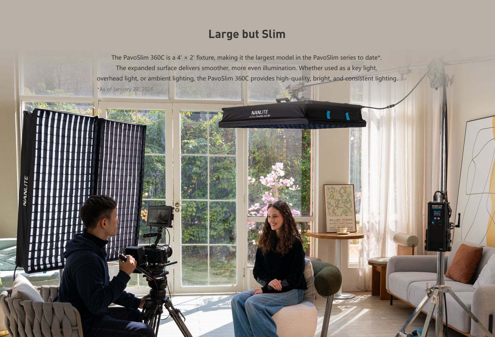 Large but Slim The PavoSlim 360C is a 4' x 2' fixture, making it the largest model in the PavoSlim series to date* The expanded surface delivers smoother, more even illumination. Whether used as a key light, overhead light, or ambient lighting, the PavoSlim 360C provides high-quality, bright, and consistent lighting.