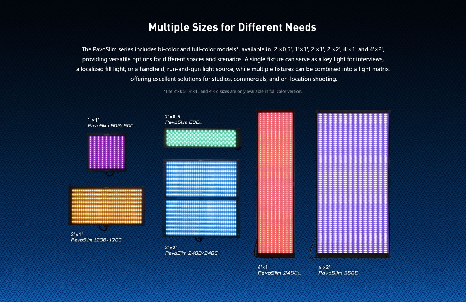 Multiple Sizes for Different Needs The PavoSlim series includes bi-color and full-color models*, available in 2'×0.5', 1'x 1', 2'x 1', 2'x2, 4'x1" and 4'x2', providing versatile options for different spaces and scenarios. A single fixture can serve as a key light for interviews, a localized fill light, or a handheld, run-and-gun light source, while multiple fixtures can be combined into a light matrix, offering excellent solutions for studios, commercials, and on-location shooting.