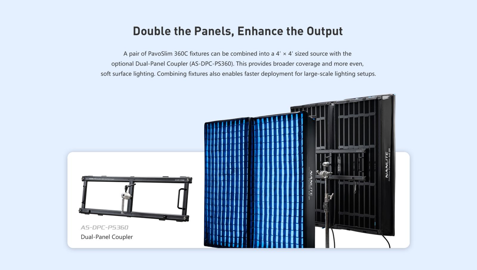 Double the Panels, Enhance the Output A pair of PavoSlim 360C fixtures can be combined into a 4' × 4' sized source with the optional Dual-Panel Coupler (AS-DPC-PS360). This provides broader coverage and more even, soft surface lighting. Combining fixtures also enables faster deployment for large-scale lighting setups.