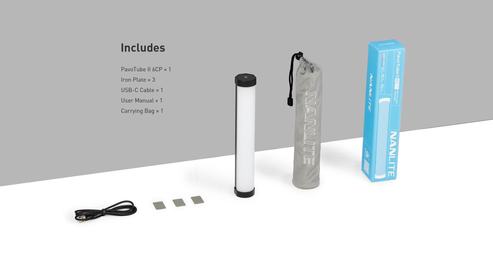 Includes Pavo Tube I| 6CP × 1 Iron Plate x 3 USB-C Cable × 1 User Manual × 1 Carrying Bag × 1