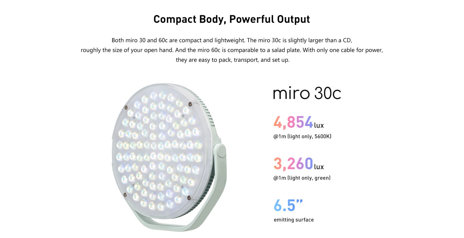 Compact Body, Powerful Output Both miro 30 and 60c are compact and lightweight. The miro 30c is slightly larger than a CD, roughly the size of your open hand. And the miro 60c is comparable to a salad plate. With only one cable for power, they are easy to pack, transport, and set up. 9906 miro 30c 4,8541x @1m (light only, 5600K) 3,2601x @1m (light only, green) 6.5" emitting surface