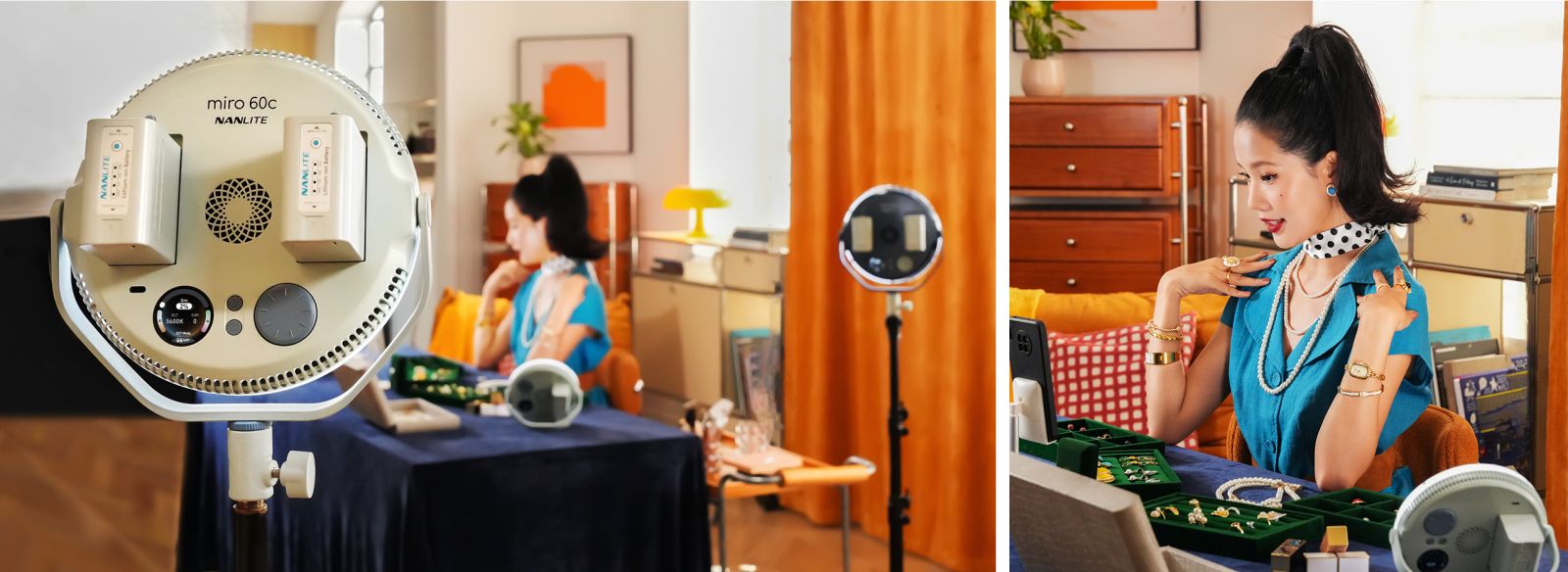 Back of miro 60C with two batteries in the back lighting a scene of a woman at a table