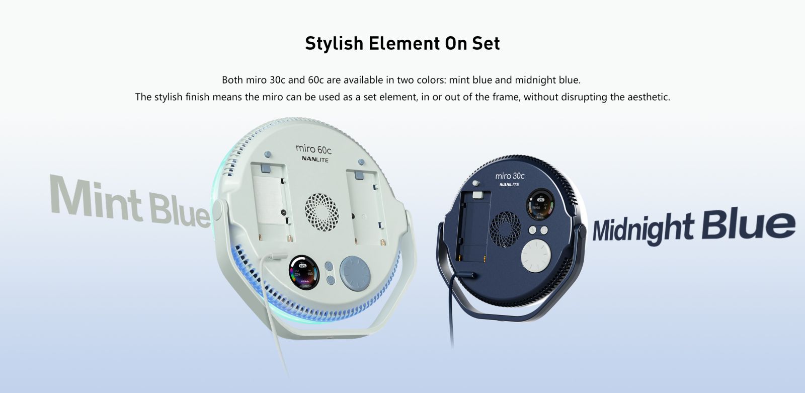 Stylish Element On Set Both miro 30c and 60c are available in two colors: mint blue and midnight blue. The stylish finish means the miro can be used as a set element, in or out of the frame, without disrupting the aesthetic.